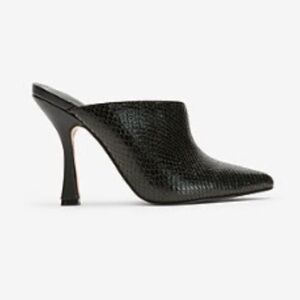Express Women’s 8.5 Heeled Mules Express Black Snakeskin Mules